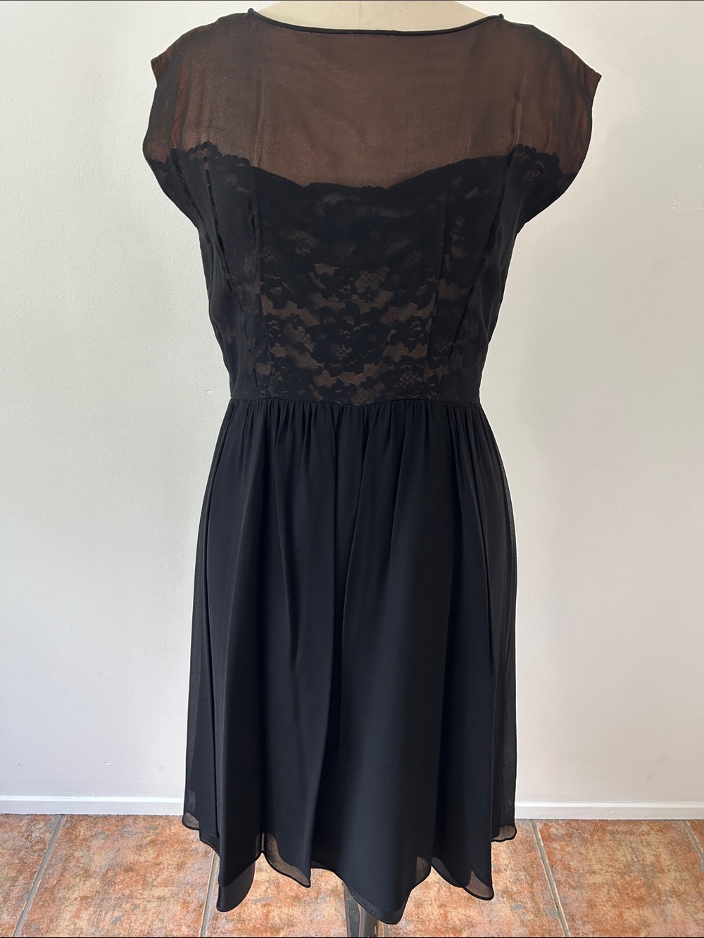 Vintage 1950s Black Silk Chiffon Cocktail Dress, Nude Illusion Lace Bodice
